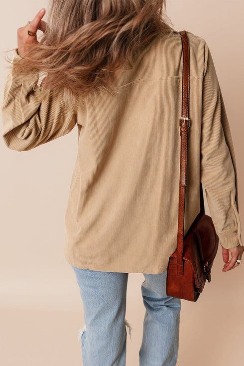 Modern Frilled Pocket Button Up Corduroy Shirt Jacket
