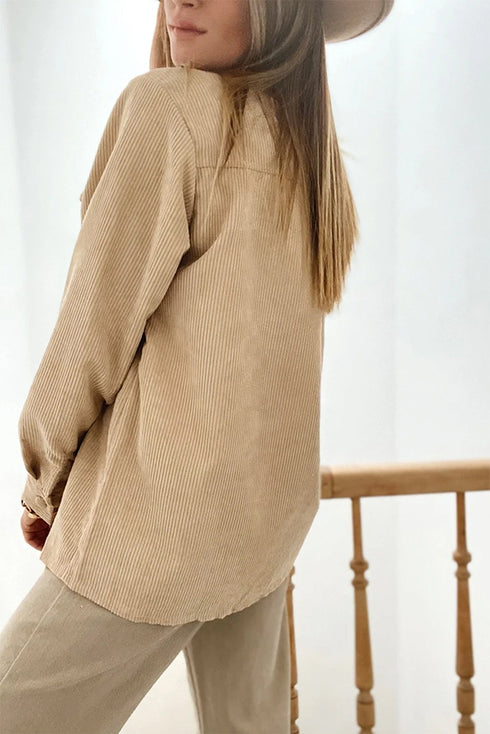Modern Frilled Pocket Button Up Corduroy Shirt Jacket