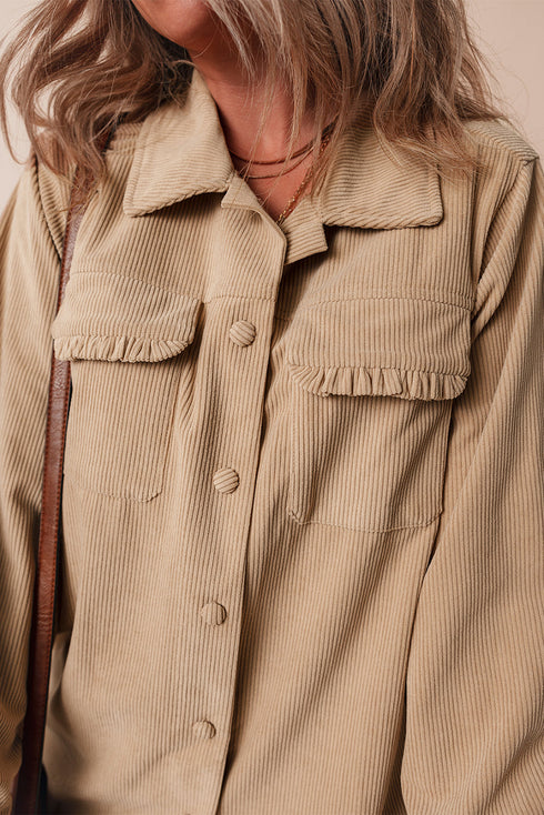 Modern Frilled Pocket Button Up Corduroy Shirt Jacket