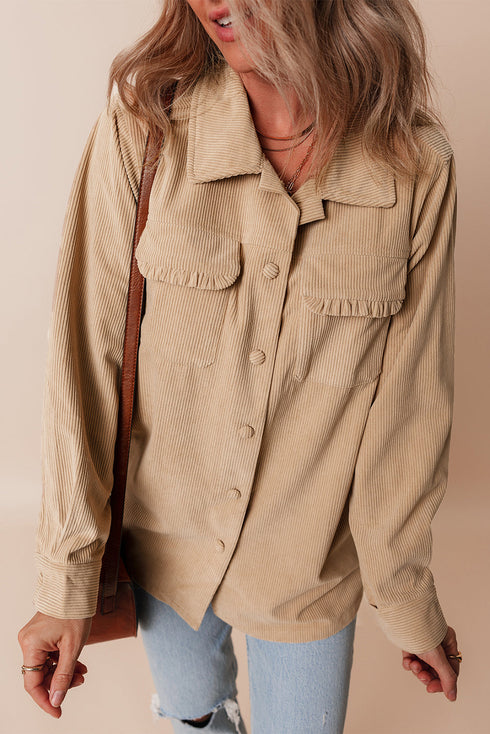 Modern Frilled Pocket Button Up Corduroy Shirt Jacket
