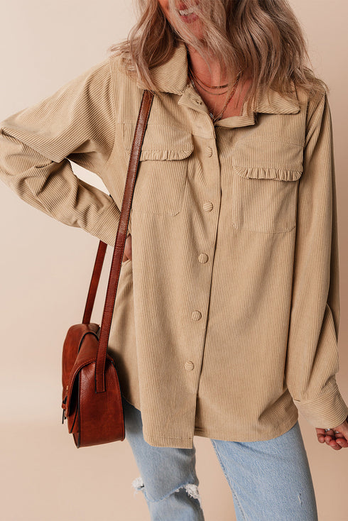 Modern Frilled Pocket Button Up Corduroy Shirt Jacket