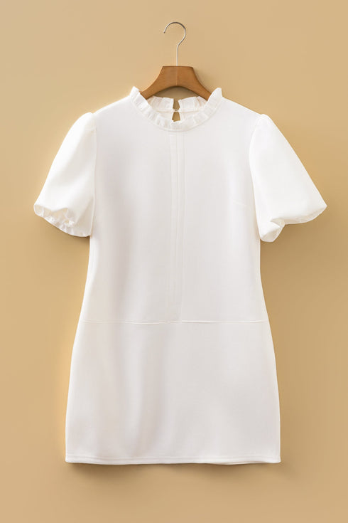 Modern Frilled Round Neck Puff Sleeve Shift Mini Dress