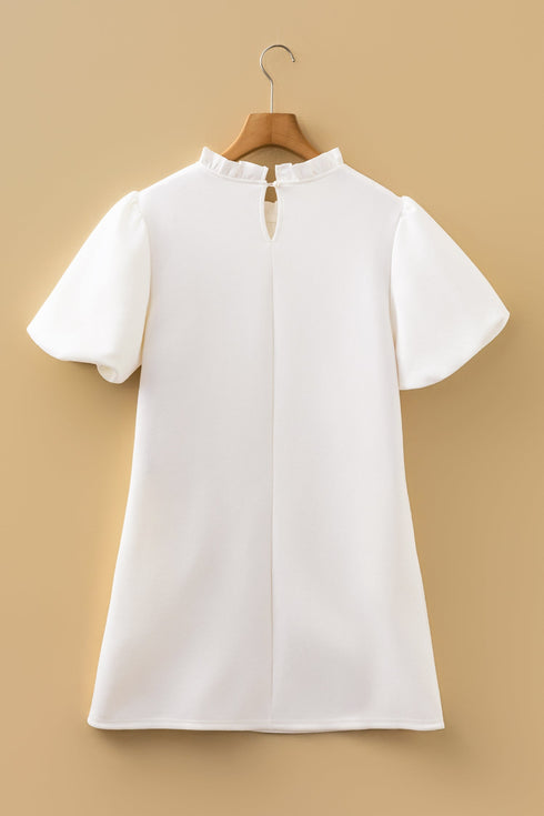 Modern Frilled Round Neck Puff Sleeve Shift Mini Dress