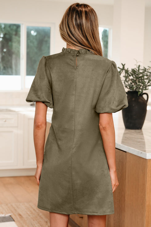 Modern Frilled Round Neck Puff Sleeve Shift Mini Dress