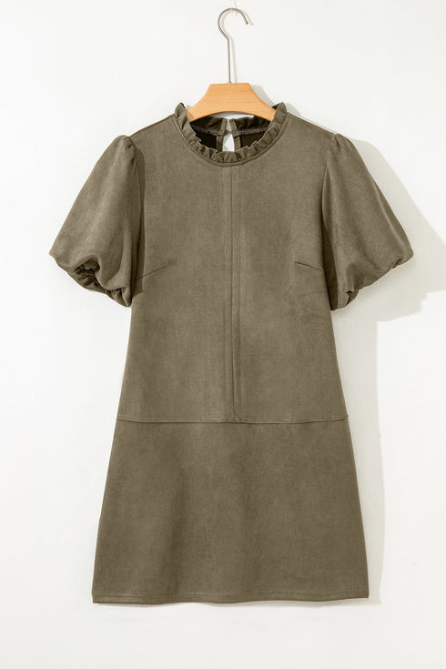 Modern Frilled Round Neck Puff Sleeve Shift Mini Dress