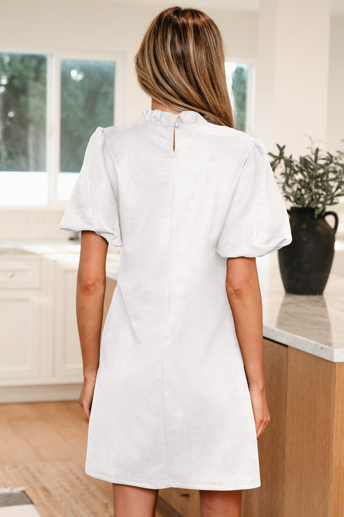 Modern Frilled Round Neck Puff Sleeve Shift Mini Dress