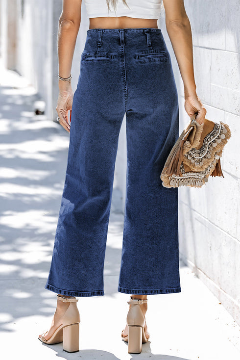 Modern High Waist Button Front Wide Leg Cropped Jeans
