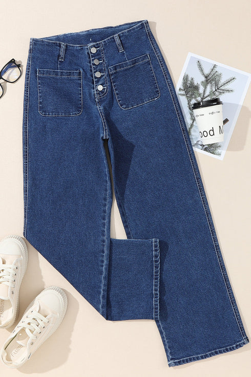 Modern High Waist Button Front Wide Leg Cropped Jeans