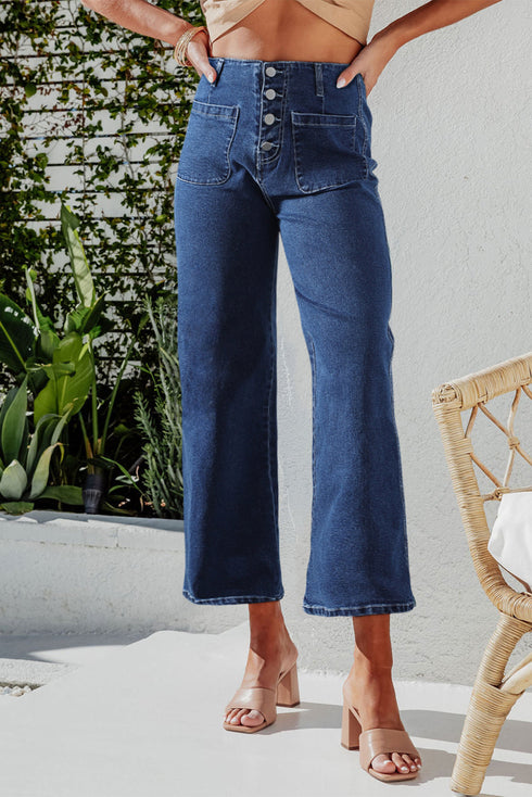 Modern High Waist Button Front Wide Leg Cropped Jeans