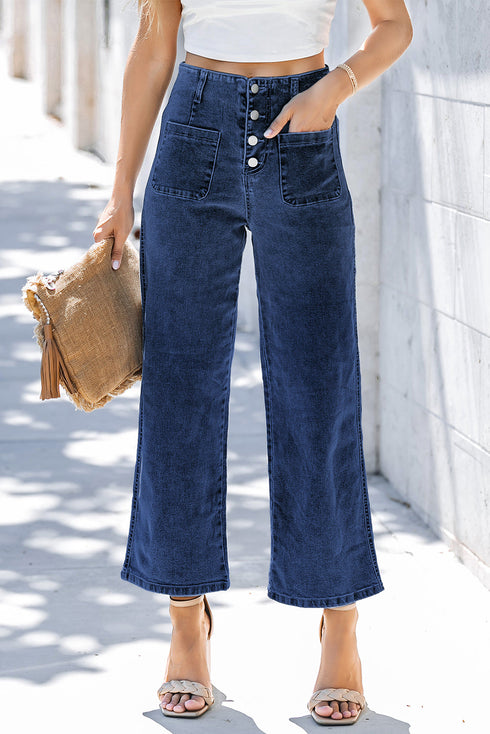 Modern High Waist Button Front Wide Leg Cropped Jeans