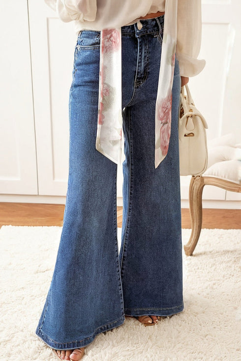 Modern High Waist Solid Button Fly Flare Jeans