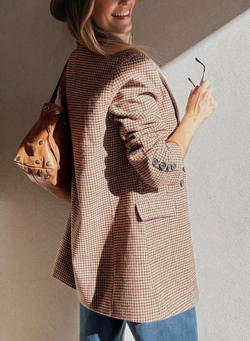 Modern Houndstooth Print Lapel Collar Blazer