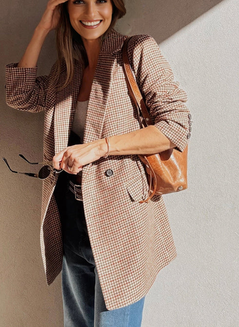 Modern Houndstooth Print Lapel Collar Blazer