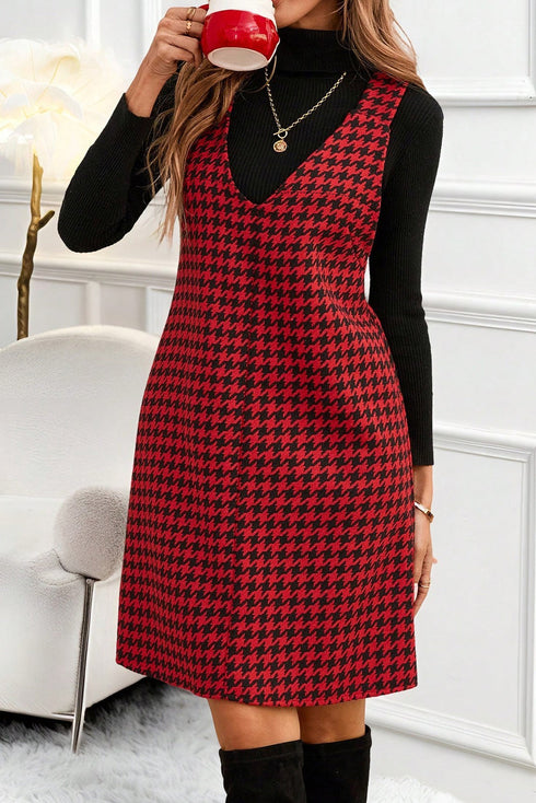 Modern Houndstooth Print V Neck Sleeveless Mini Dress