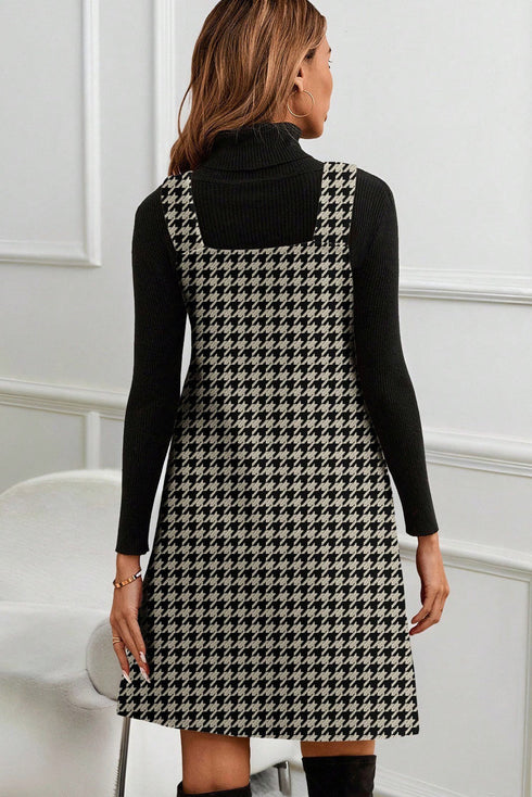 Modern Houndstooth Print V Neck Sleeveless Mini Dress
