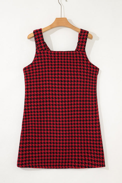 Modern Houndstooth Print V Neck Sleeveless Mini Dress
