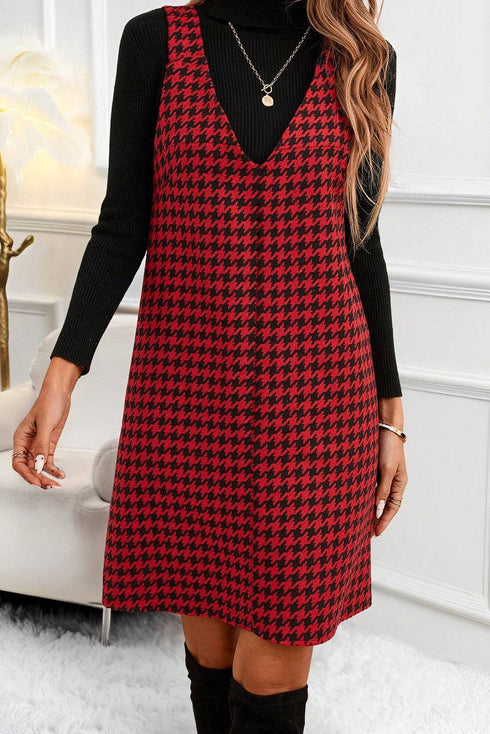Modern Houndstooth Print V Neck Sleeveless Mini Dress
