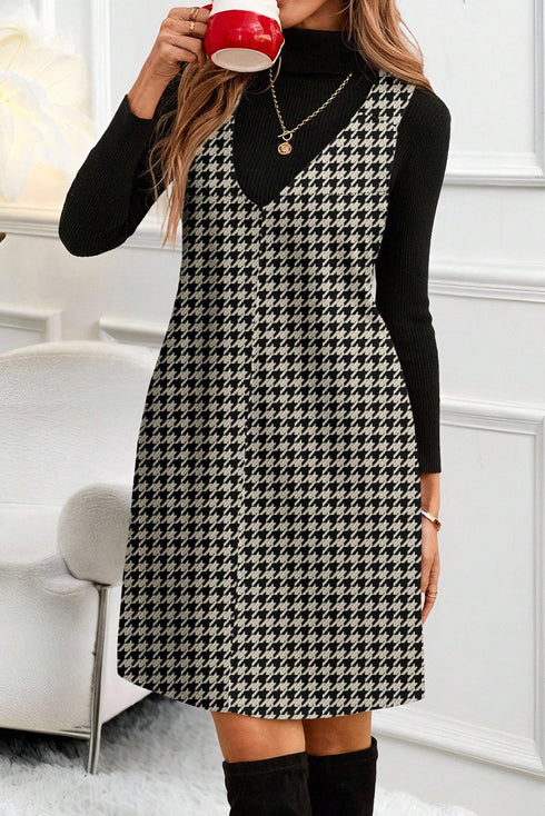 Modern Houndstooth Print V Neck Sleeveless Mini Dress