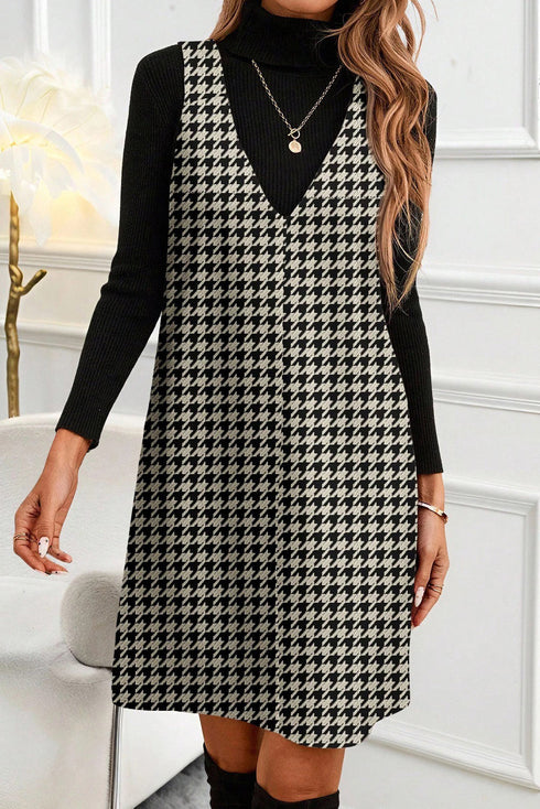 Modern Houndstooth Print V Neck Sleeveless Mini Dress