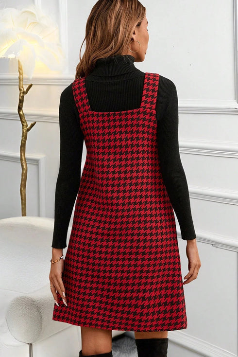Modern Houndstooth Print V Neck Sleeveless Mini Dress
