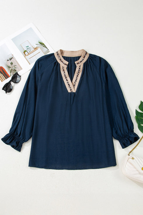 Modern Leopard Print Patchwork Collar Flounce Sleeve Blouse