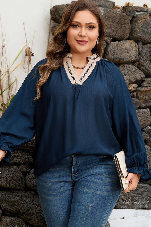Modern Leopard Print Patchwork Collar Flounce Sleeve Blouse