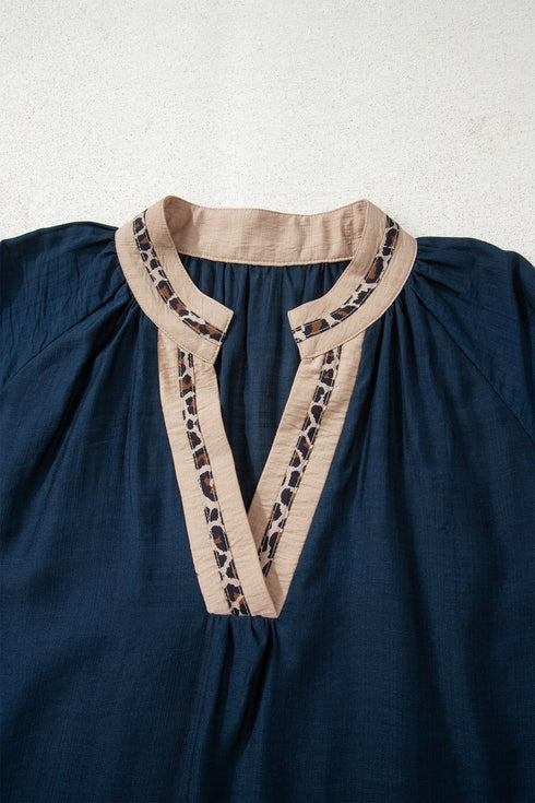 Modern Leopard Print Patchwork Collar Flounce Sleeve Blouse
