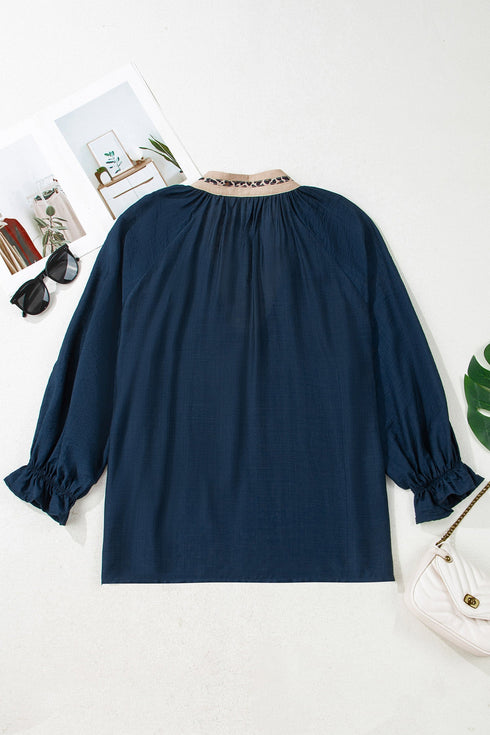 Modern Leopard Print Patchwork Collar Flounce Sleeve Blouse