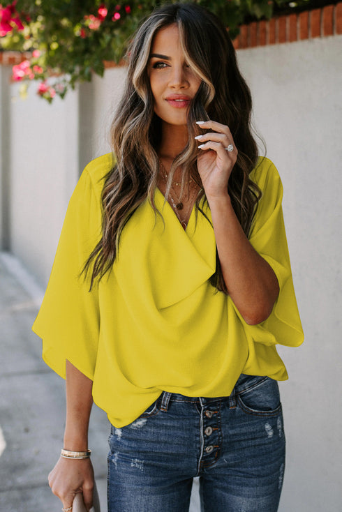 Modern Minimalist Draped Wrap V Neck Blouse