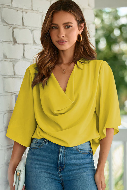Modern Minimalist Draped Wrap V Neck Blouse