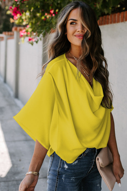 Modern Minimalist Draped Wrap V Neck Blouse