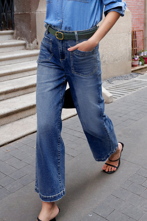 Modern Minimalist Patch Pocket Wide Leg Denim Jeans