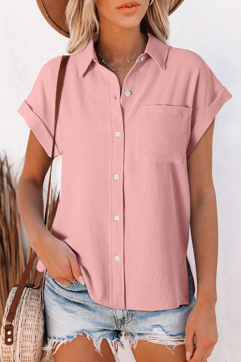 Modern Minimalist Solid Cuffed Short Sleeve Shirt