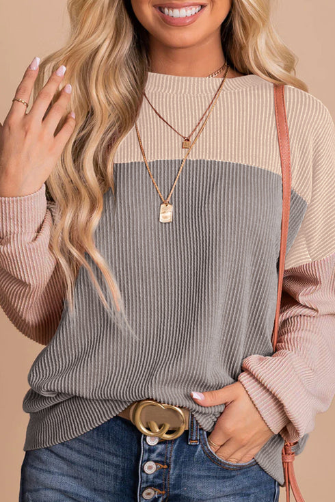 Modern Muse Ribbed Knit Color Block Long Sleeve Pullover Top