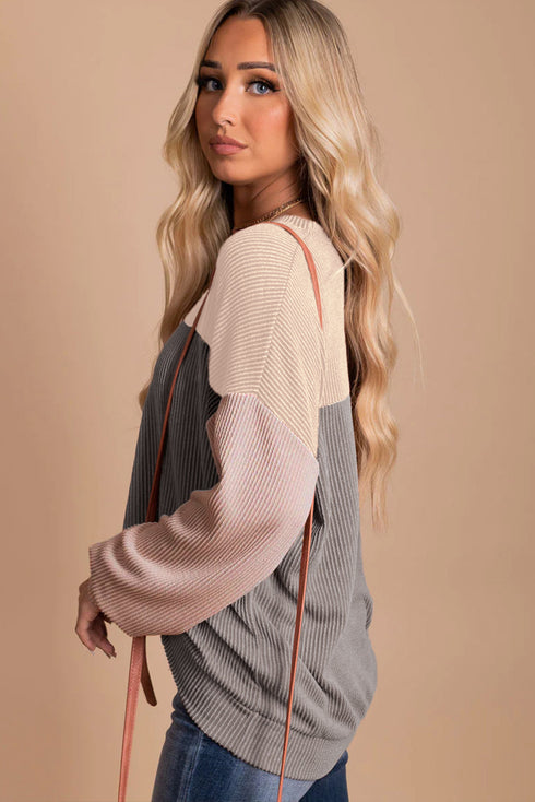 Modern Muse Ribbed Knit Color Block Long Sleeve Pullover Top