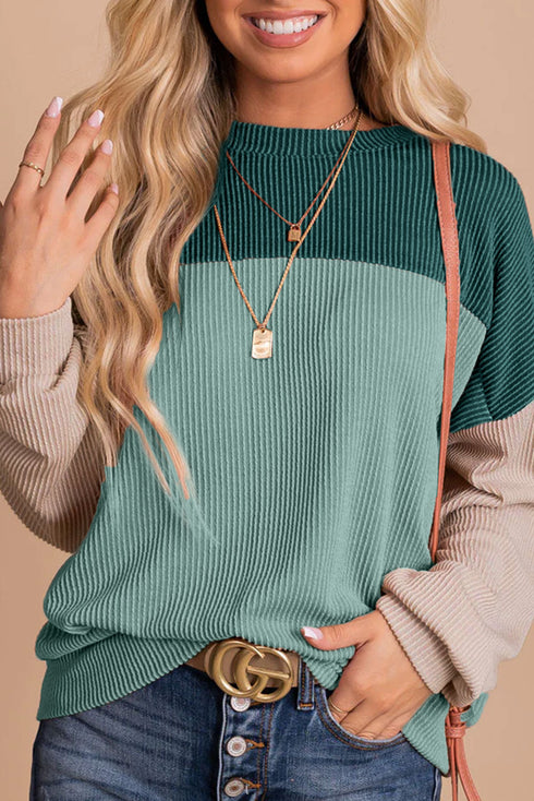 Modern Muse Ribbed Knit Color Block Long Sleeve Pullover Top