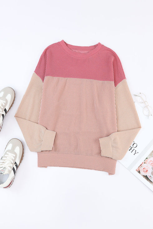 Modern Muse Ribbed Knit Color Block Long Sleeve Pullover Top