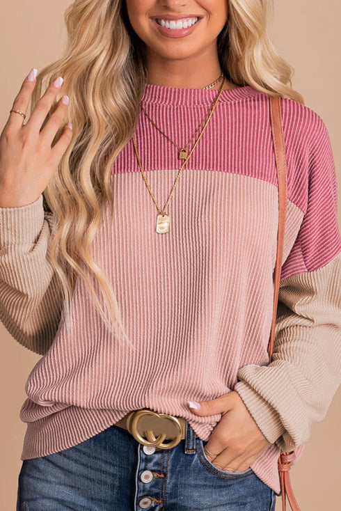 Modern Muse Ribbed Knit Color Block Long Sleeve Pullover Top