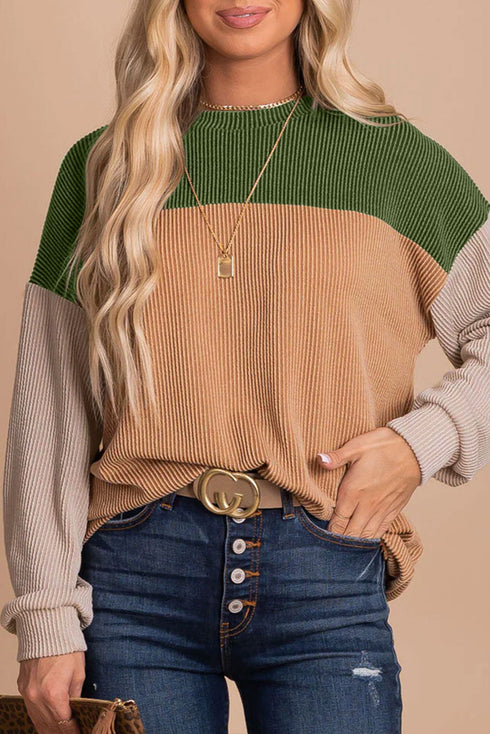 Modern Muse Ribbed Knit Color Block Long Sleeve Pullover Top