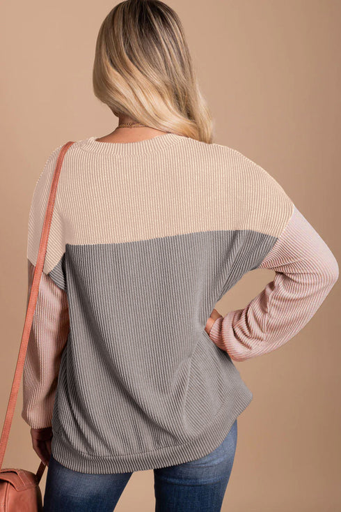Modern Muse Ribbed Knit Color Block Long Sleeve Pullover Top