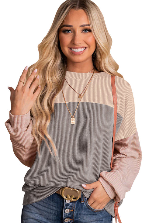 Modern Muse Ribbed Knit Color Block Long Sleeve Pullover Top