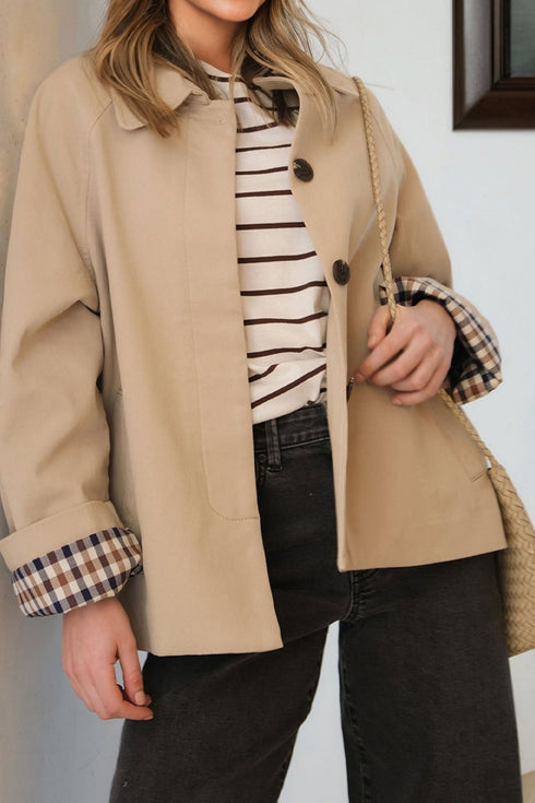 Modern Plaid Liner Patchwork Single Breasted Trench Coat