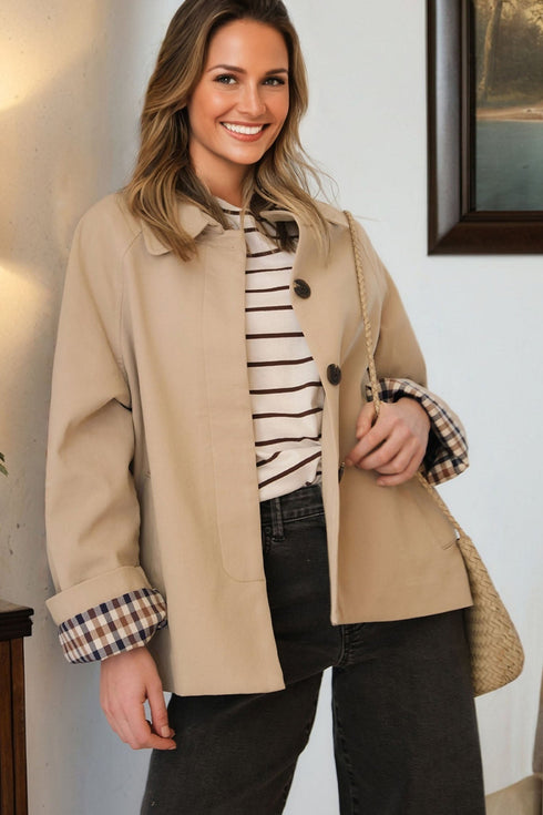 Modern Plaid Liner Patchwork Single Breasted Trench Coat