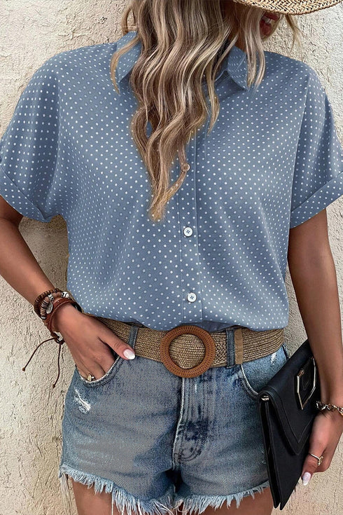 Modern Polka Dot Print Cuffed Short Sleeve Shirt