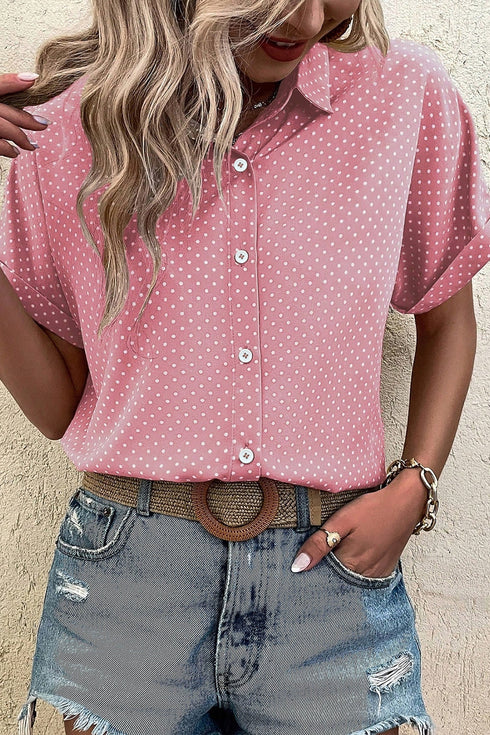 Modern Polka Dot Print Cuffed Short Sleeve Shirt