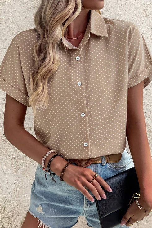 Modern Polka Dot Print Cuffed Short Sleeve Shirt