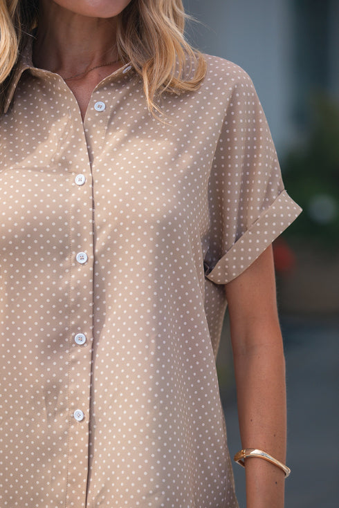 Modern Polka Dot Print Cuffed Short Sleeve Shirt