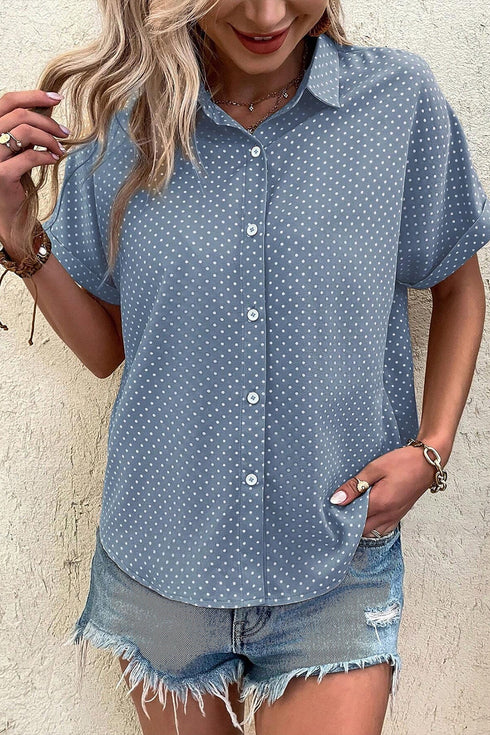 Modern Polka Dot Print Cuffed Short Sleeve Shirt