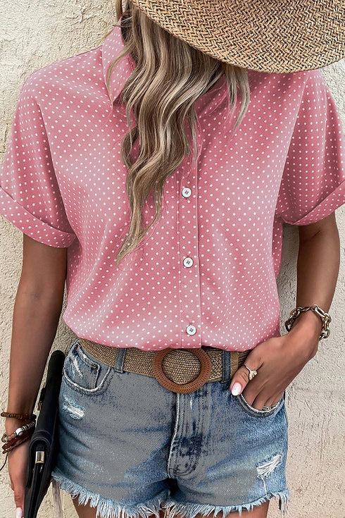 Modern Polka Dot Print Cuffed Short Sleeve Shirt