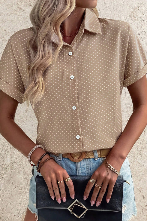 Modern Polka Dot Print Cuffed Short Sleeve Shirt